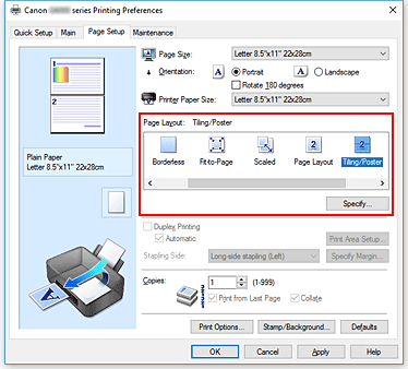 фигура: Избиране на „Tiling/Poster” за „Page Layout” в раздела „Page Setup”