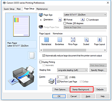 фигура: „Stamp/Background...” в раздела „Page Setup”