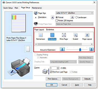 figure:Select Borderless for Page Layout on the Page Setup tab
