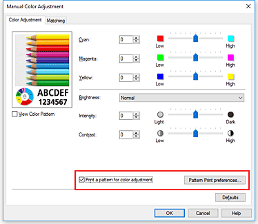 figure:Select Print a pattern for color adjustment on the Color Adjustment tab