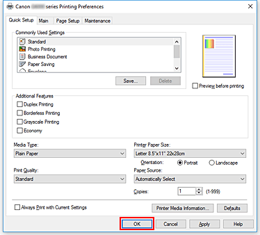 kuva:OK Pika-asetukset-välilehdessä