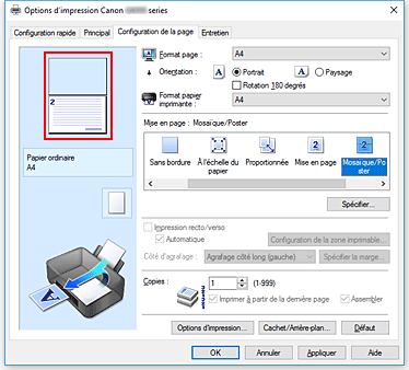 figure : Affichage de l'aperçu des paramètres dans l'onglet Configuration de la page