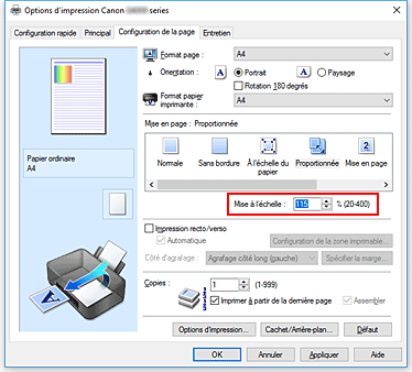 figure : Mise à l'échelle dans l'onglet Configuration de la page