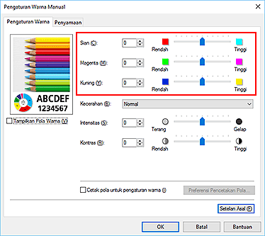 gambar: Keseimbangan warna pada kotak dialog Pengaturan Warna Manual