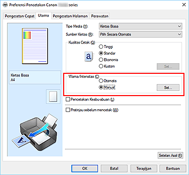 gambar: Pilih Manual untuk Warna/Intensitas pada tab Utama