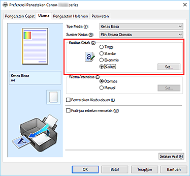 gambar: Pilih pada tab Utama, pilih Kustom untuk Kualitas Cetak