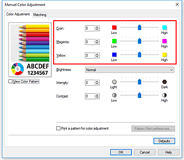 figura:Proporção de cores na caixa de diálogo Ajuste de Cores Manual