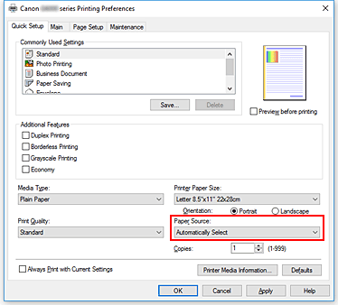 slika: možnost Paper Source na kartici Quick Setup