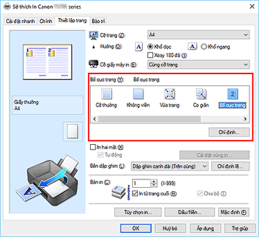 hình: Chọn Bố cục trang cho Bố cục trang trên tab Thiết lập trang