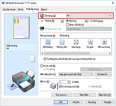hình: Cỡ trang trên tab Thiết lập trang