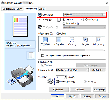 hình: Chọn Tùy chỉnh cho Cỡ trang trên tab Thiết lập trang