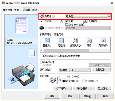 插图：在“页设置”选项卡上将“页尺寸”选择为“用户定义”