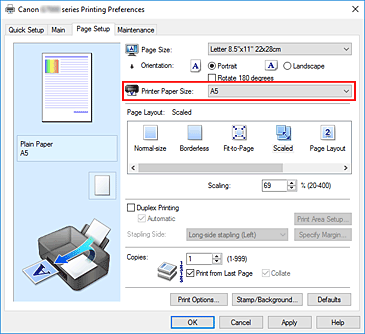 Abbildung: "Druckerpapierformat" auf der Registerkarte "Seite einrichten"