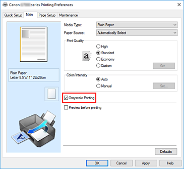 figura:Caseta de selectare Grayscale Printing din fila Main
