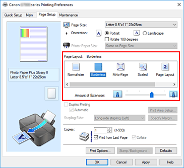 slika: v nastavitvi Page Layout na kartici Page Setup izberite Borderless