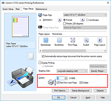 slika: možnost Copies na kartici Page Setup