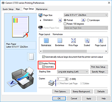 slika: potrditveno polje Duplex Printing na kartici Page Setup