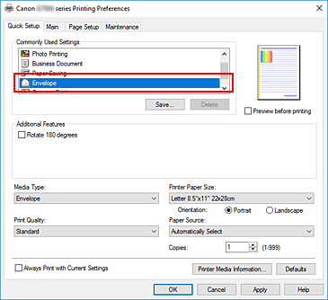 slika: v možnosti Commonly Used Settings na kartici Quick Setup izberite Envelope