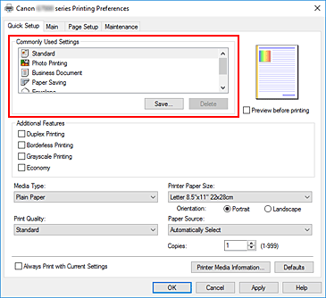 slika: možnost Commonly Used Settings na kartici Quick Setup
