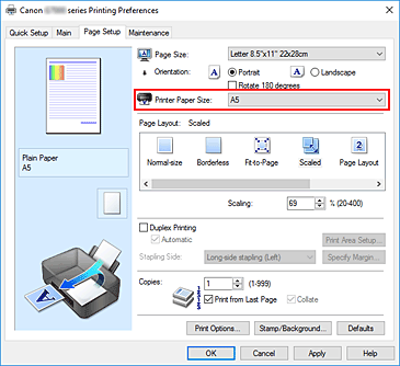 slika: možnost Printer Paper Size na kartici Page Setup