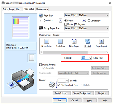 slika: možnost Scaling na kartici Page Setup