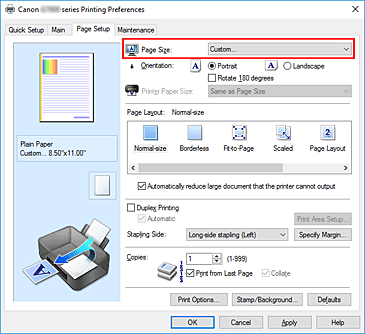slika: izbira možnosti Custom za nastavitev Page Size na kartici Page Setup