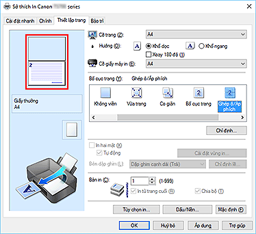 hình: Xem trước Cài đặt được hiển thị trên tab Thiết lập trang