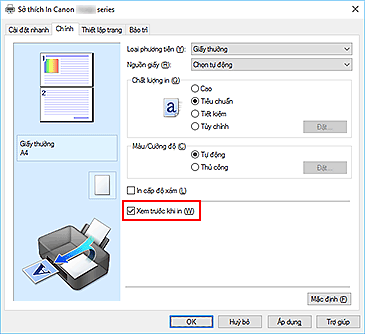 hình: Hộp kiểm Xem trước khi in trên tab Chính