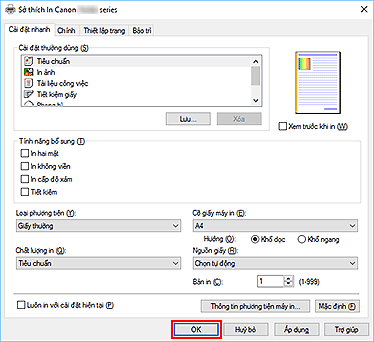 hình: OK trên tab Cài đặt nhanh