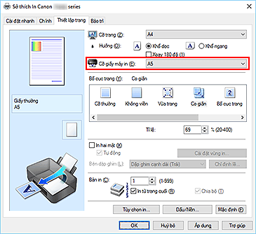 hình: Cỡ giấy máy in trên tab Thiết lập trang