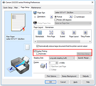фигура: Квадратче за отметка &bdquo;Duplex Printing&bdquo; в раздела &bdquo;Page Setup&rdquo;
