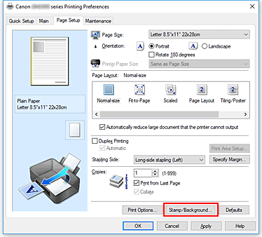 фигура: &bdquo;Stamp/Background...&rdquo; в раздела &bdquo;Page Setup&rdquo;