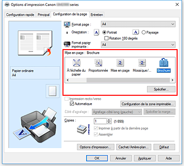 figure&nbsp;: Sélectionnez Brochure comme Mise en page dans l'onglet Configuration de la page.