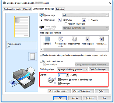figure&nbsp;: Copies dans l'onglet Configuration de la page