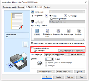 figure&nbsp;: Case à cocher Impression recto/verso dans l'onglet Configuration de la page