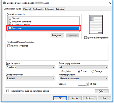 figure&nbsp;: Sélectionnez Enveloppe dans Paramètres courants dans l'onglet Configuration rapide.