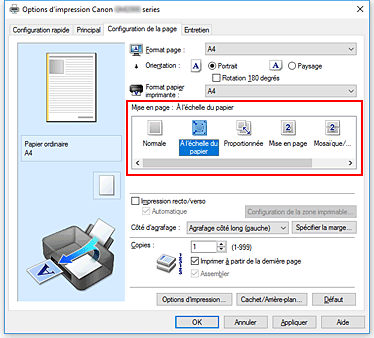 figure&nbsp;: Sélectionnez À l'échelle du papier comme Mise en page dans l'onglet Configuration de la page.