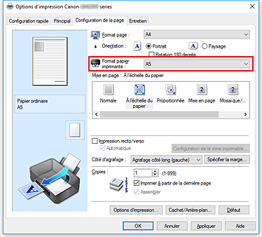 figure&nbsp;: Format papier imprimante dans l'onglet Configuration de la page
