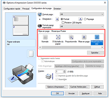 figure&nbsp;: Sélectionnez Mosaïque/Poster comme Mise en page dans l'onglet Configuration de la page.