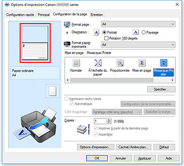 figure&nbsp;: Affichage de l'aperçu des paramètres dans l'onglet Configuration de la page
