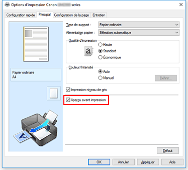 figure&nbsp;: Case à cocher Aperçu avant impression dans l'onglet Principal