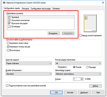 figure&nbsp;: Paramètres courants dans l'onglet Configuration rapide