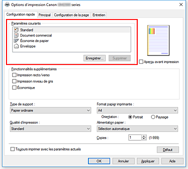 figure&nbsp;: Paramètres courants dans l'onglet Configuration rapide