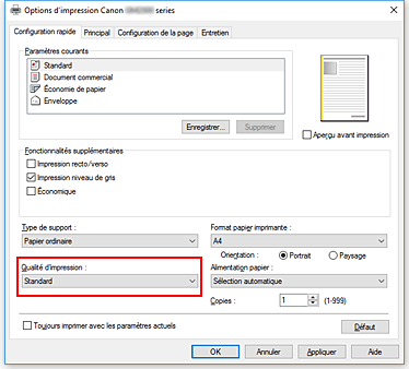 figure&nbsp;: Qualité d'impression dans l'onglet Configuration rapide