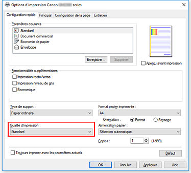figure&nbsp;: Qualité d'impression dans l'onglet Configuration rapide