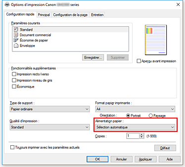 figure&nbsp;: Alimentation papier dans l'onglet Configuration rapide