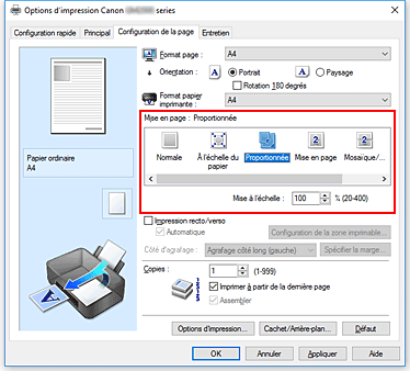 figure&nbsp;: Sélectionnez Proportionnée comme Mise en page dans l'onglet Configuration de la page.