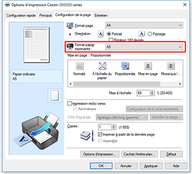 figure&nbsp;: Format papier imprimante dans l'onglet Configuration de la page