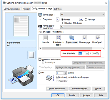 figure&nbsp;: Mise à l'échelle dans l'onglet Configuration de la page