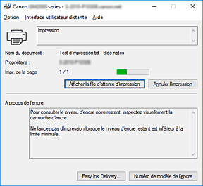 figure&nbsp;: Écran d'état d'imprimante Canon IJ